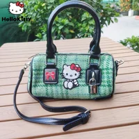 Y2k Sanrio Hello Kitty Pattern Luxury Vintage Plaid Cylinder Handbags Women's Portable Diagonal Bag Shopping Storage Tote Female