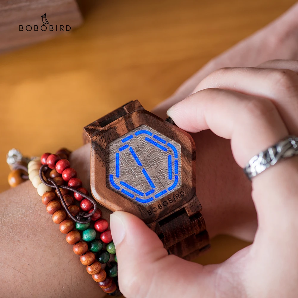 BOBO BIRD Men's Wooden Digital Watch Unique LED Digital Watc