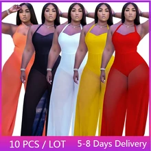 Wholesale Items Sheer Mesh Jumpsuit Women Summer Clubwear Sexy Wide Leg Long Pants Rompers Womens Jumpsuit Overalls for Women 
