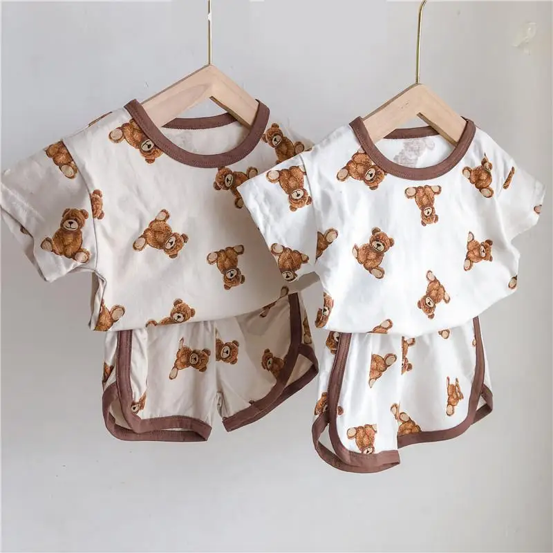 

2022 New Summer Cute Bear Print Kids Baby Short Sleeve Clothes Set Boys T Shirt + Shorts 2pcs Suit Children Girls Outfits 12M-5T