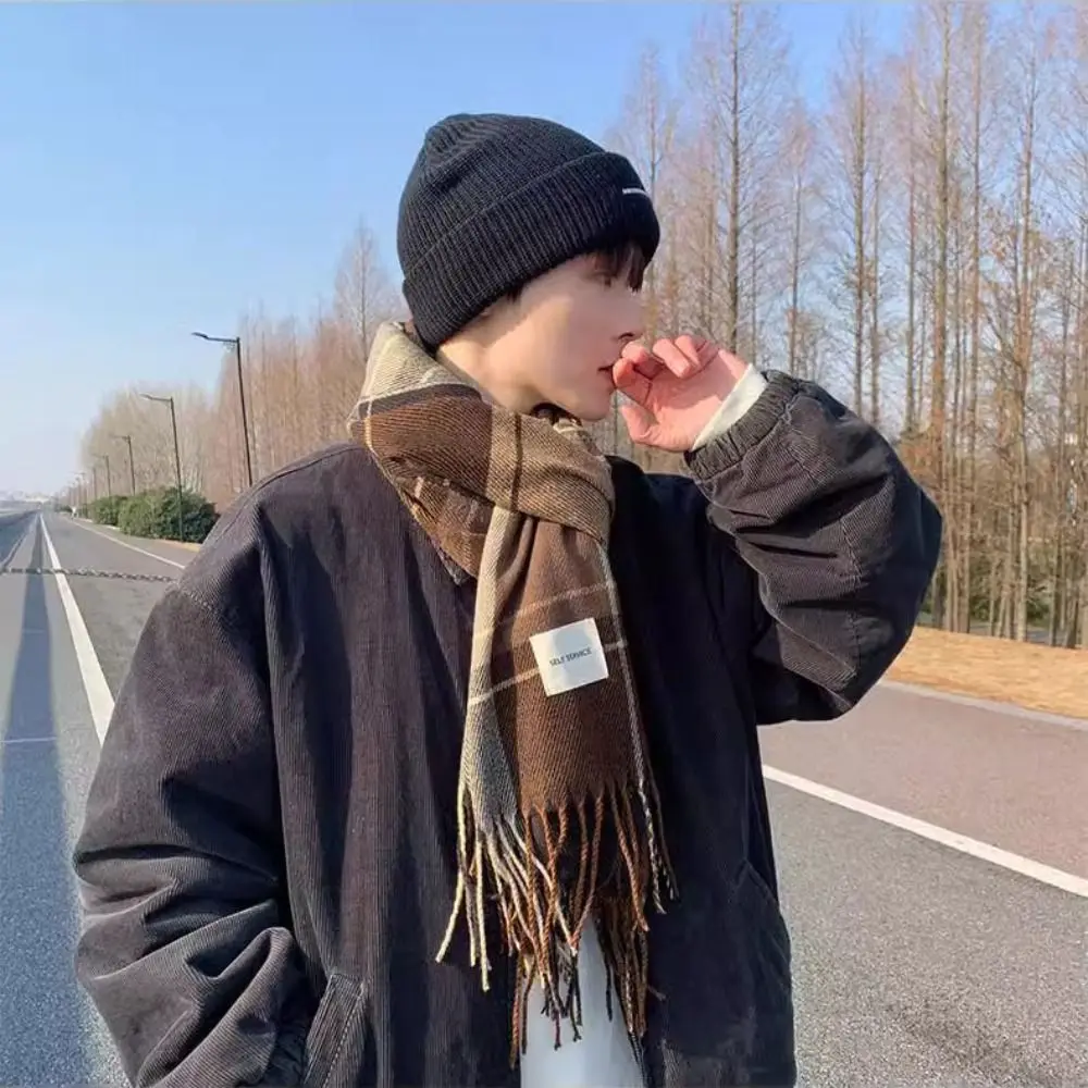 Ветрозащитный клетчатый шерстяной шарф с кисточками плюшевая кашемировая шаль