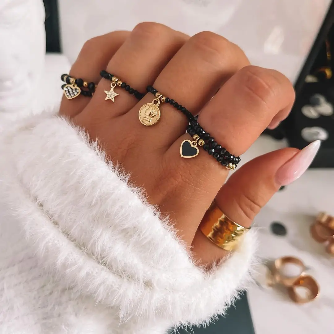 

Obsidian Heart Star Charm Rings Women Ethnic Handmade Fashion Stainless Steel Jewelry Natural Stone Ring Wholesale