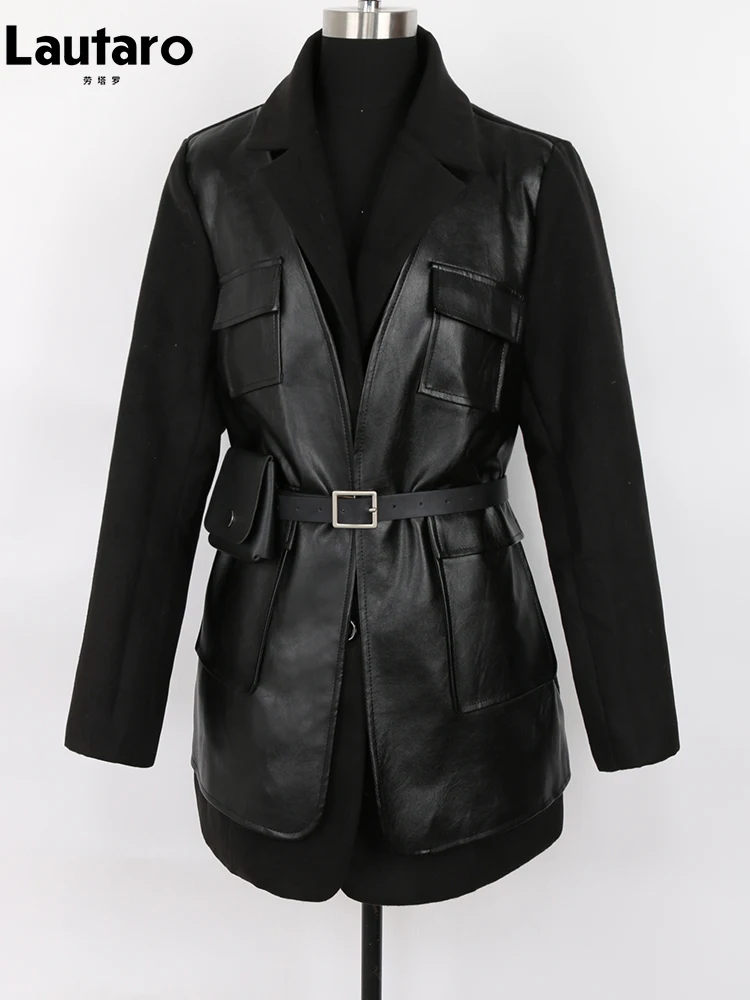 

Lautaro Autumn Winter Black Pu Leather and Wool Blend Blazer Women Long Sleeve Belt Runway Designer Luxury Clothes Fashion 7xl