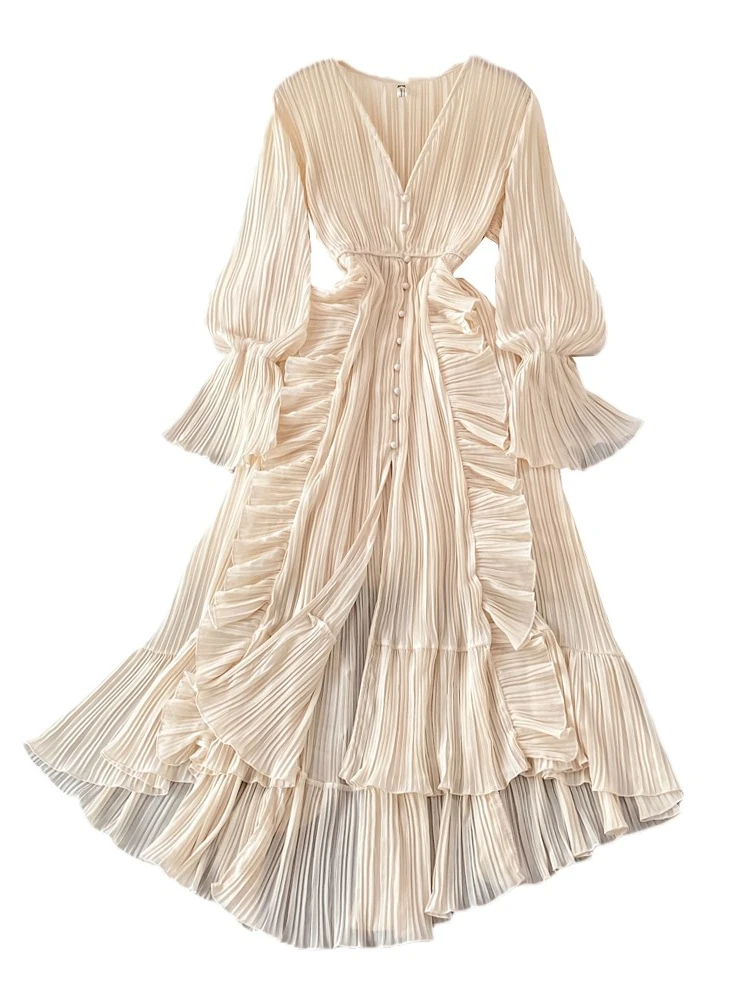 

Solid Chiffon Pleated Long Dress Women 2022 Summer Beach Style Vintage V-Neck Flare Sleeve Draped Ruffle Vestido Female Dress