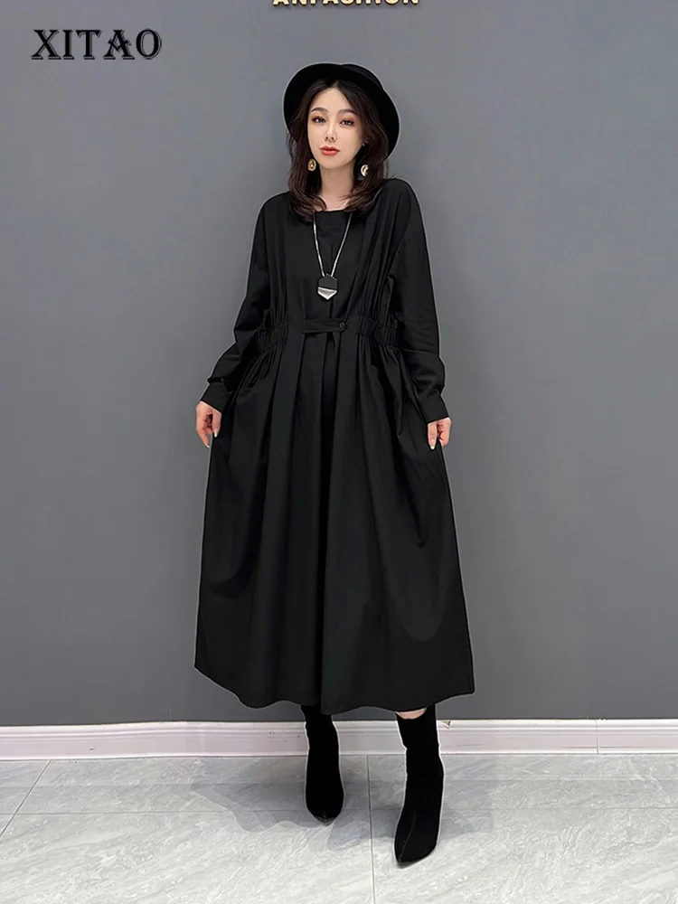 

XITAO Black Fashion Dress Loose Casual Folds Splicing Women Long Sleeve Simplicity O-neck Pullover Women Autumn New WLD9076