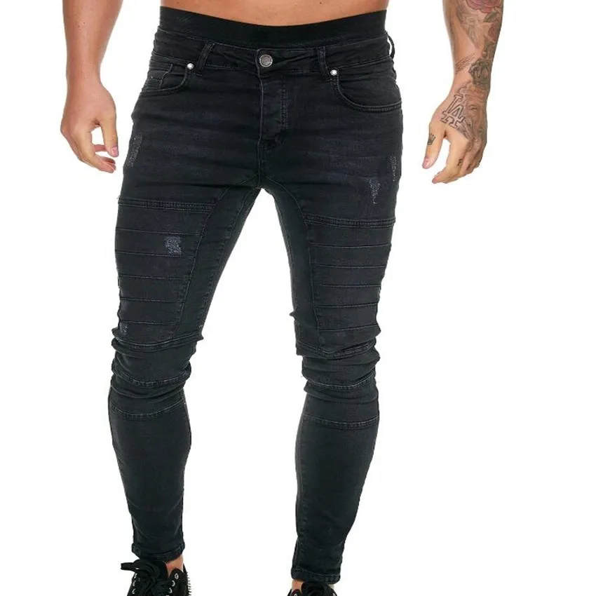 European American Mens Fashion Skinny Jeans Solid  Black Blue Hip-Hop High Street  Style Slim Fit Denim Casual Pencil Pants