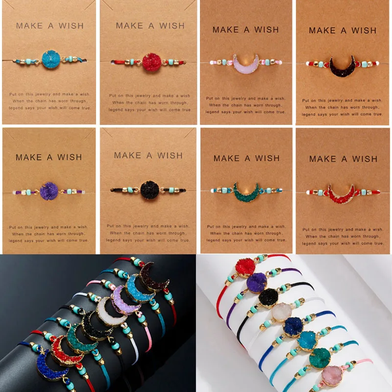 

New Trendy Cute Wish Card Rope Moon Round Stone Beads Bracelet For Girl Woman Fashion DIY Jewelry Gift Dropship