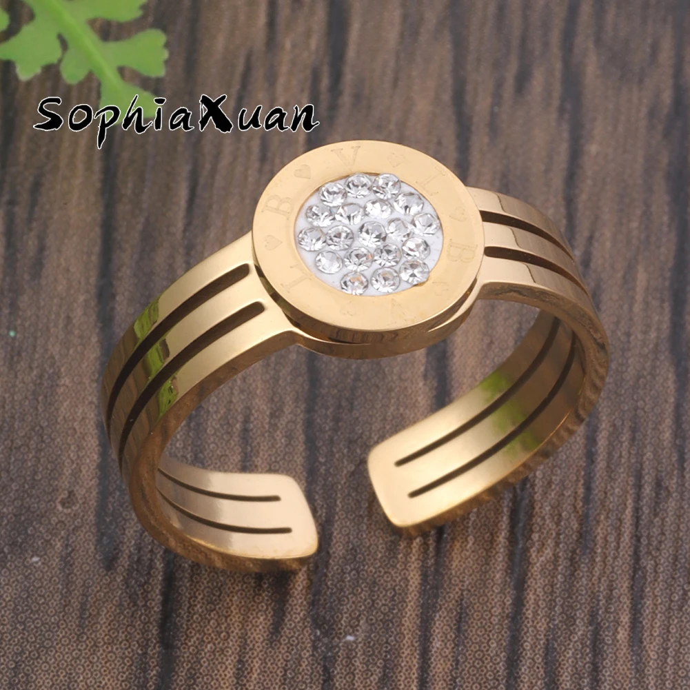 

SophiaXuan New Tree Round Ring Stainless Steel Gold Color Luxury Design Rings Fashion Birthday Gift Inlaid Zircon Ring for Women