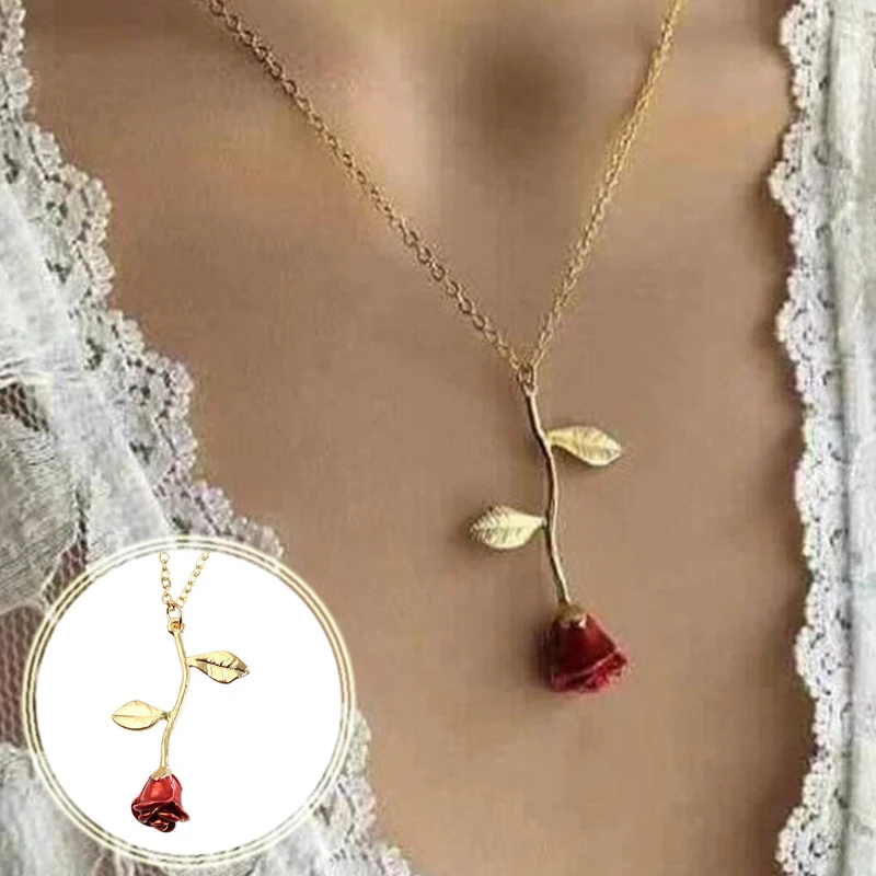 

Necklace Fashion Women Red Rose Flower Chain Rhinestone Jewelry Red Rose Pendant