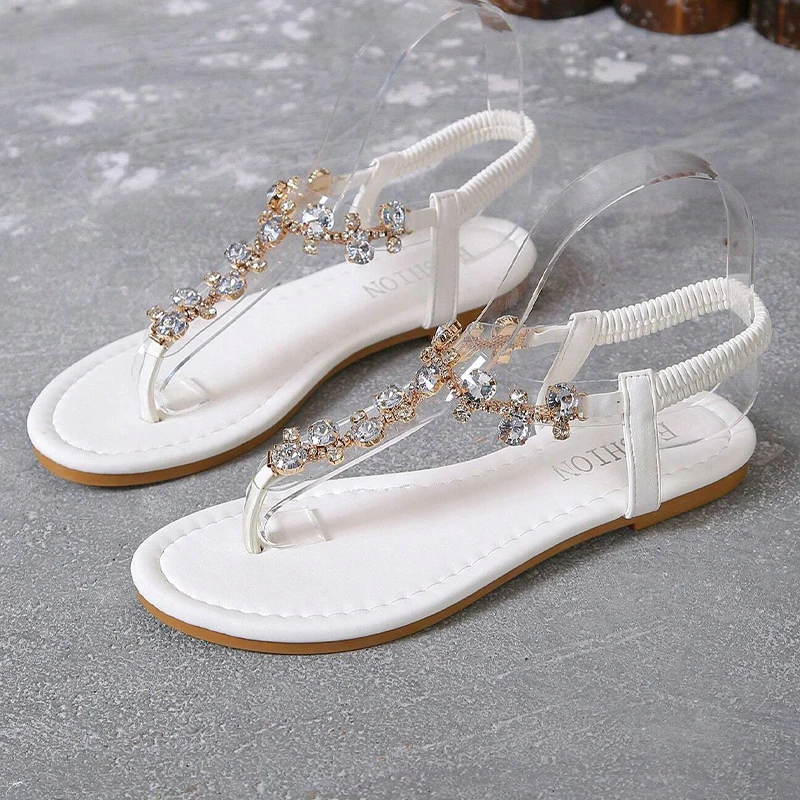 Women Sandal Glamorous Rhinestone Decor Glass Thong Sandals 2023 New Ankle Strap Summer Outdoor Slippers Casual Woman Shoes