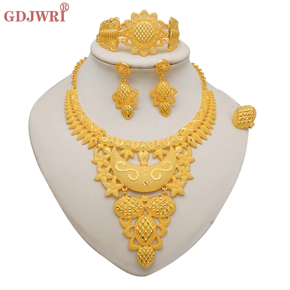 

Изысканные нигерийские Свадебные украшения, Дубайский Золотой цвет, Африканское ожерелье, браслет, серьги, кольца для женщин, модные свадеб...