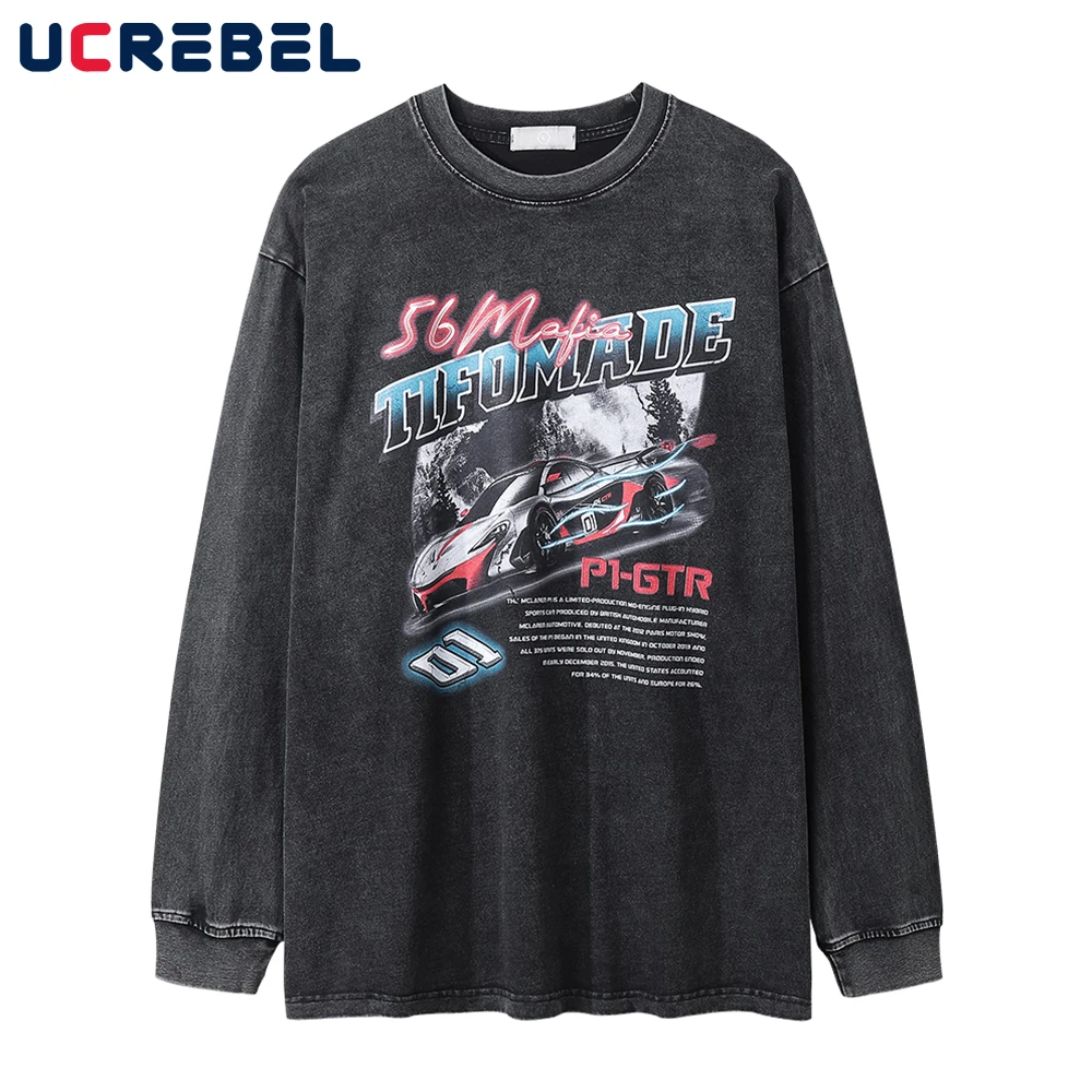 

Мужская хлопковая футболка с длинным рукавом, с принтом в виде машины