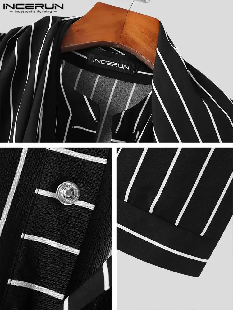 INCERUN 2023 Muslim Style Men's Wrapped Striped Jubba Thobe Casual Streetwear Hot Sale Male Ring Leader Pendulum Fork Robe S-5XL