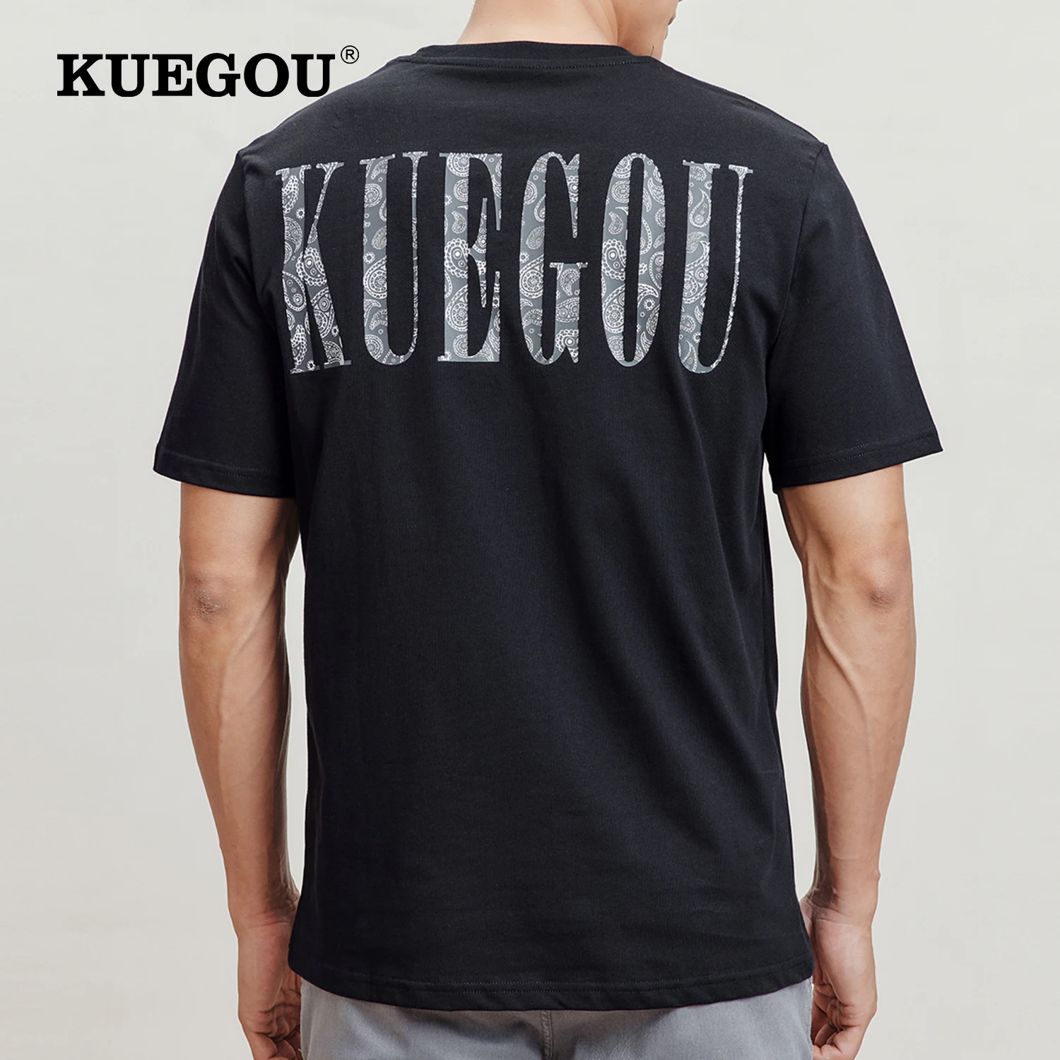 

Мужская футболка с короткими рукавами KUEGOU, белая или черная хлопковая футболка с короткими рукавами, с принтом логотипа, с одним карманом, м...
