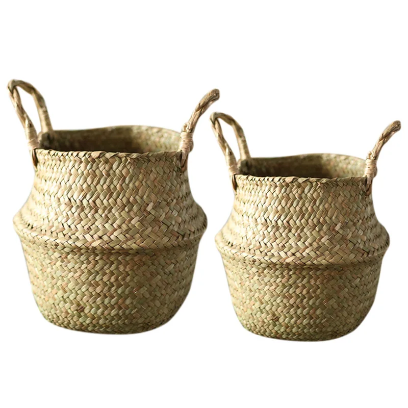 

2Pcs Seagrass Wickerwork Basket Rattan Foldable Hanging Flower Pot Planter Woven Dirty Laundry Hamper Storage Basket Home Decor