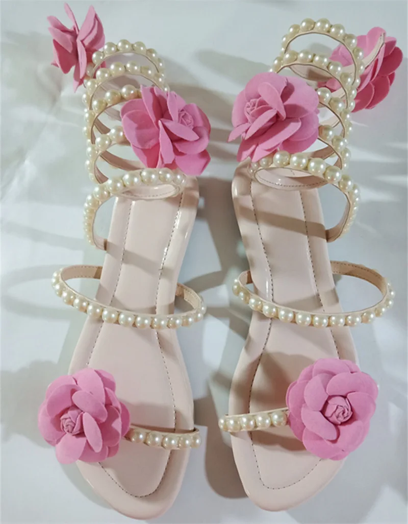 

Сандалии женские летние на плоской подошве, босоножки-гладиаторы с открытым носком, жемчужные цветы, пикантная обувь