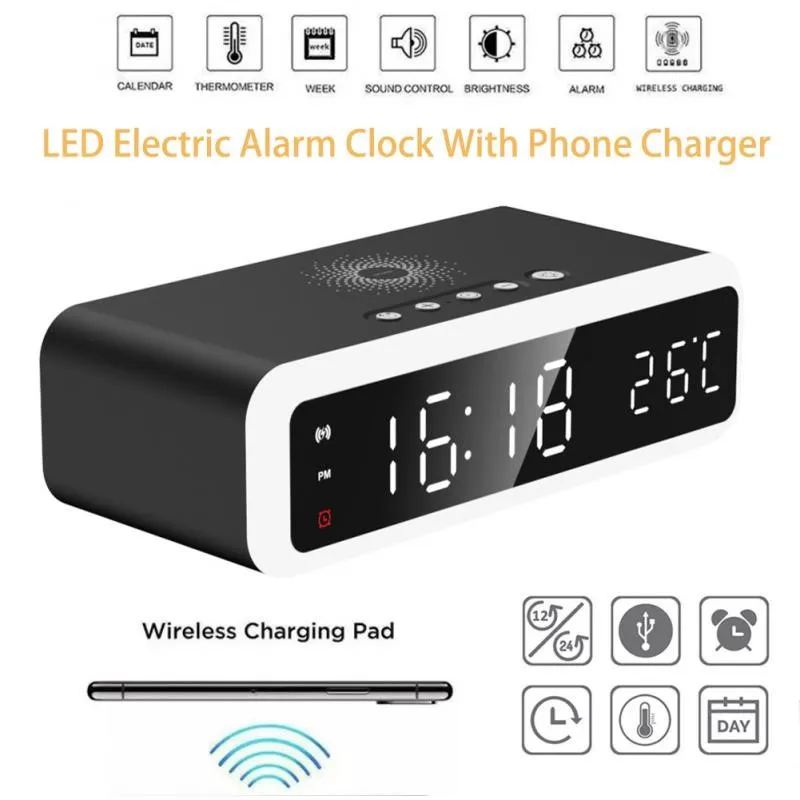 

LED Electric Alarm Clock With Wireless Charger Desktop Digital Despertador Thermometer Clock HD Mirror Clock Watch Table Decor