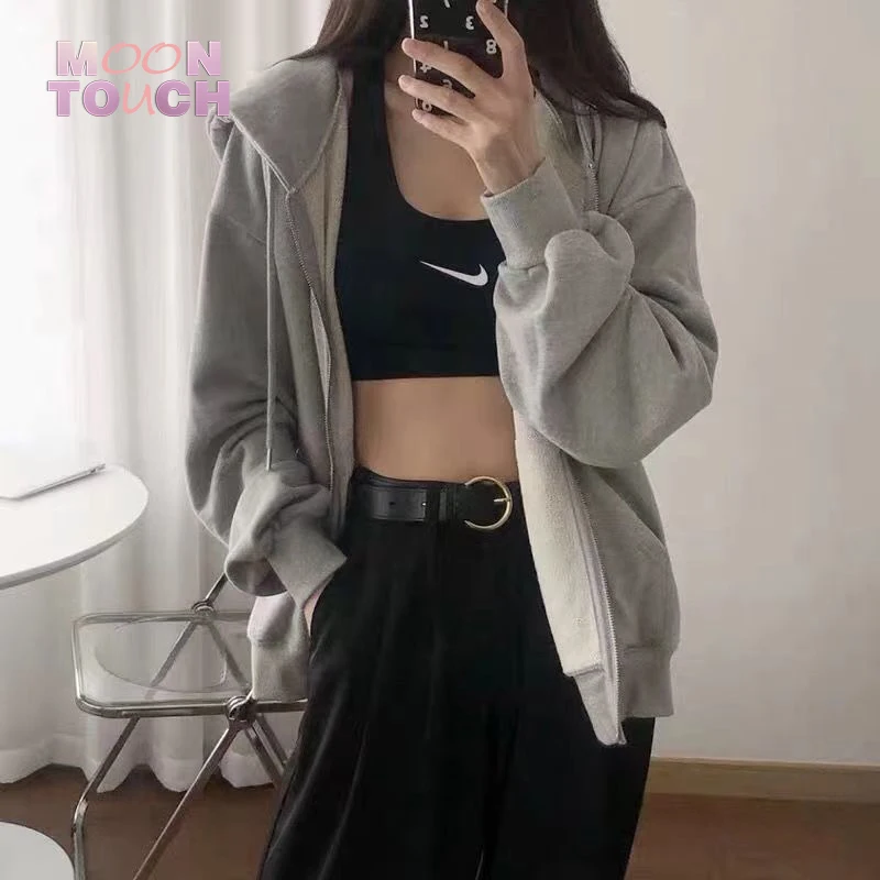 

Женские толстовки на молнии в Корейском стиле, винтажная однотонная Свободная Толстовка большого размера с длинным рукавом и капюшоном, же...