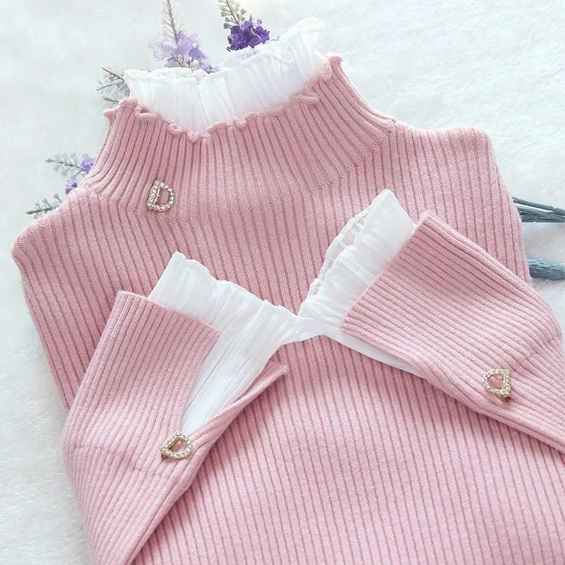 

Korean Fashion Patchwork Warm Sweater Women Elegant Long Sleeve Slim Turtleneck Knitted Shirt Chic Net Yarn Ruffle Pullover Top