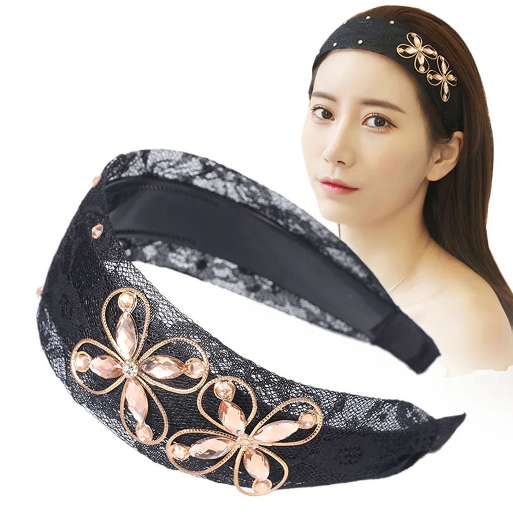 

Headband Wide Side Embroidered Rhinestone Hair Ring Non-Slip Hair Accessories Elastic Hair Bands Hair Decorations d88