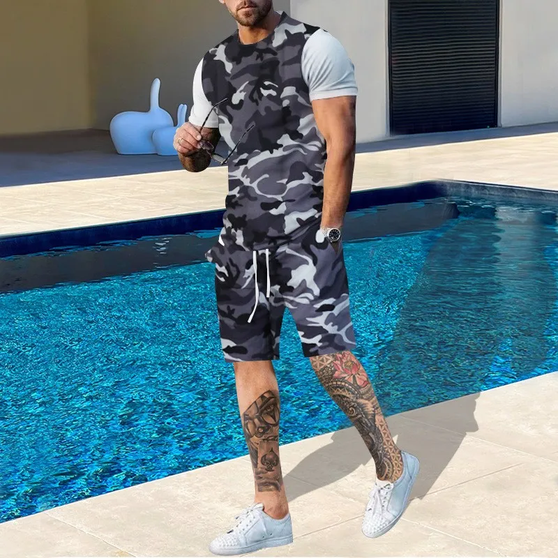 2023 Men's Camouflage Summer Short Sleeved Shorts Set Men's Sports and Leisure Set Men Clothes Tesla Trapstar Ropa Ropa Hombre