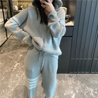 autumn and winter new tb college style waffle knitted suit loose and thin large size sweater zipper hat sweatpants