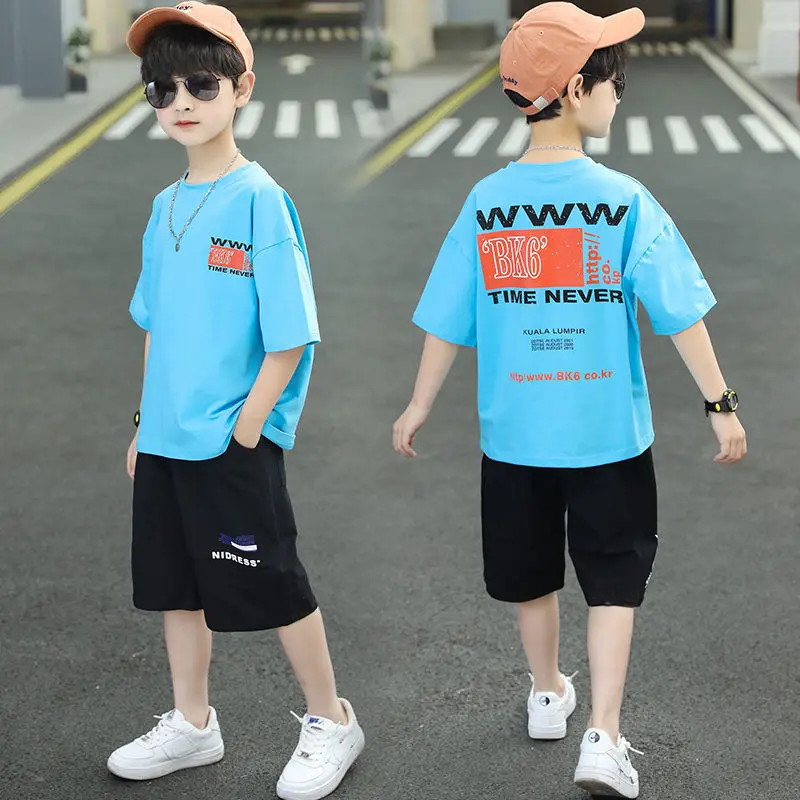 

2023 New Boys Clothes Teenage Letter T-shirts + Black Shorts 2PCS Sport Suit For Boy Children Kids Clothing 6 8 10 12 13 Year
