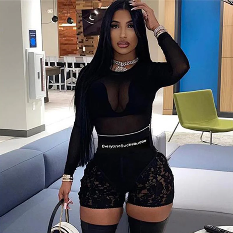 

Women Set New Long Sleeve Solid O-Neck Lace Zip Up See Through Bodycon 2 Piece Set Retro Casual Female Women's Tracksuit Set