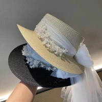 elegant woman beige white linen wedding church hat with veils and floral summer wide brim floppy ladies kentucky derby