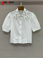 ladies 2022 summer fashion new rhinestone peter pan collar blouses top women elegant simple puff sleeve solid color short shirt