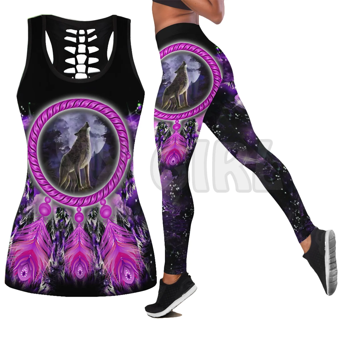Native Wolf Violet  3D Printed Tank Top+Legging Combo Outfit Yoga Fitness Legging Women