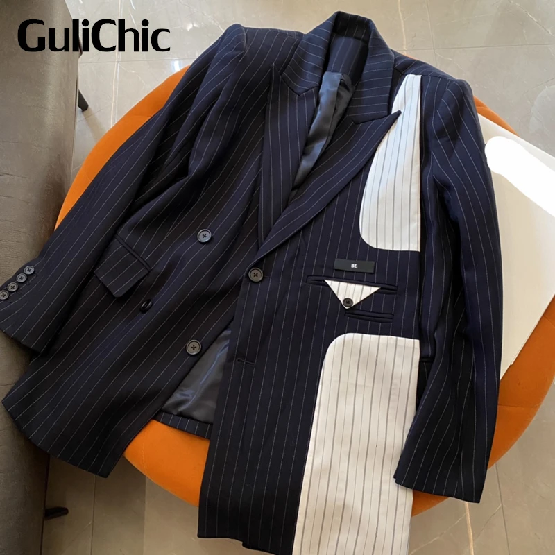 

2.17 GuliChic A Variety Of Wearing Methods Chic Fashion Contrast Color Vertical Stripes Double Breasted Midi Blazer Women