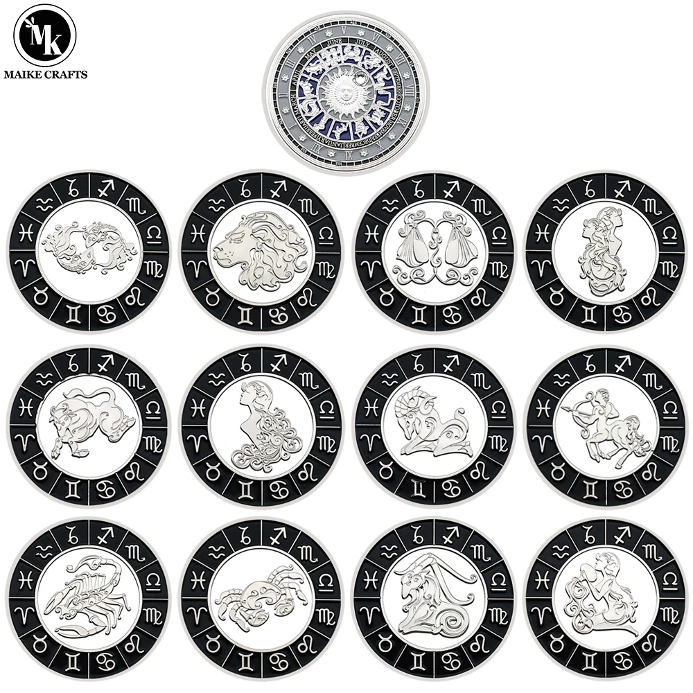 

12 Constellation Lucky Coin Silver Plated Metal Inlay Crystal Craft Commemorative Coin Collection Holiday Gifts