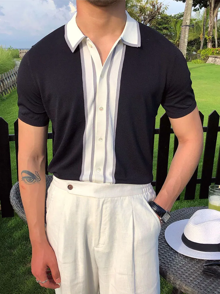 

Fashion Patchwork Striped Polo Shirt Men Short Sleeve Summer Casual Slim Polos For Mens Vintage Turn-down Collar Button-up Tops