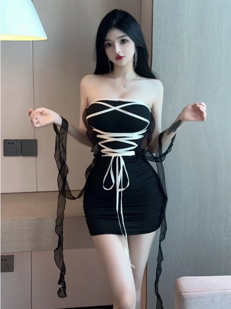

2023 Summer New Women's Sexy Spicy Girl Chest Wrapping Tying Flounced Edge Backless Fashion Tight Wrap Buttocks Dress Q4HQ