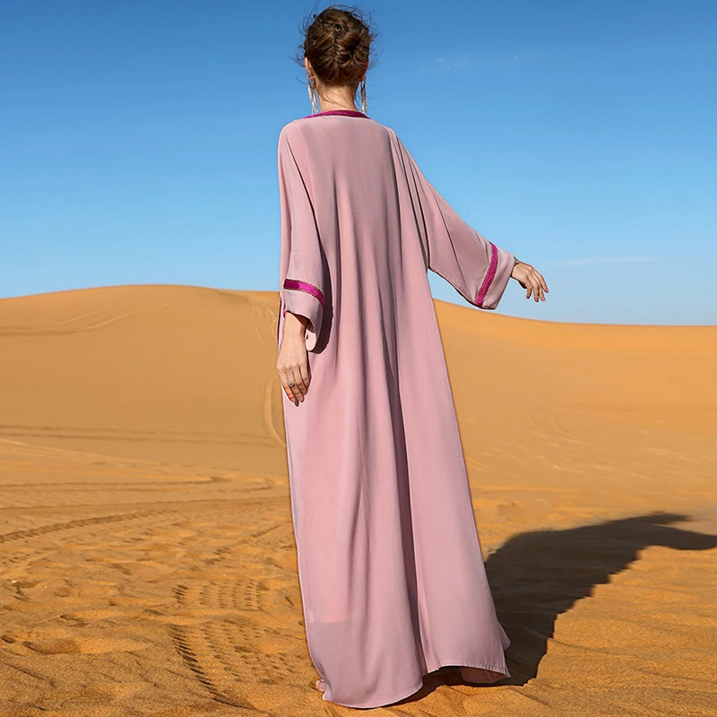 Women Open 2 Piece Abaya Set Dress Pink With Diamonds Belt Solid Color Long Sleeve Maxi Muslim Ramadan Eid Dubai Turkey Dresses