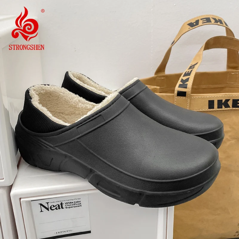 

STRONGSHEN Waterproof Winter Men Cotton Slipper Warm Fluffy Home Slipper Platform Cotton Soft Furry Flat Shoes Non-Slip Footwear