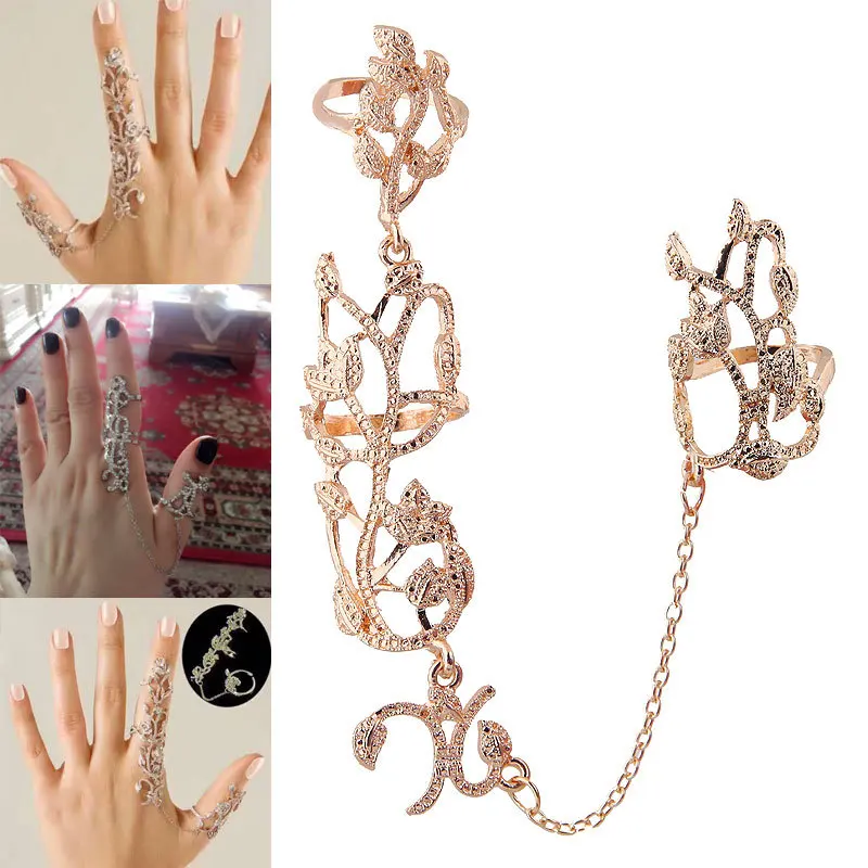 

Nieuwe Mode Ketting Link Ring Vol Strass Vintage Bloem Dubbele Vinger Ringen Voor Vrouwen Meisje Partij Sieraden Gift