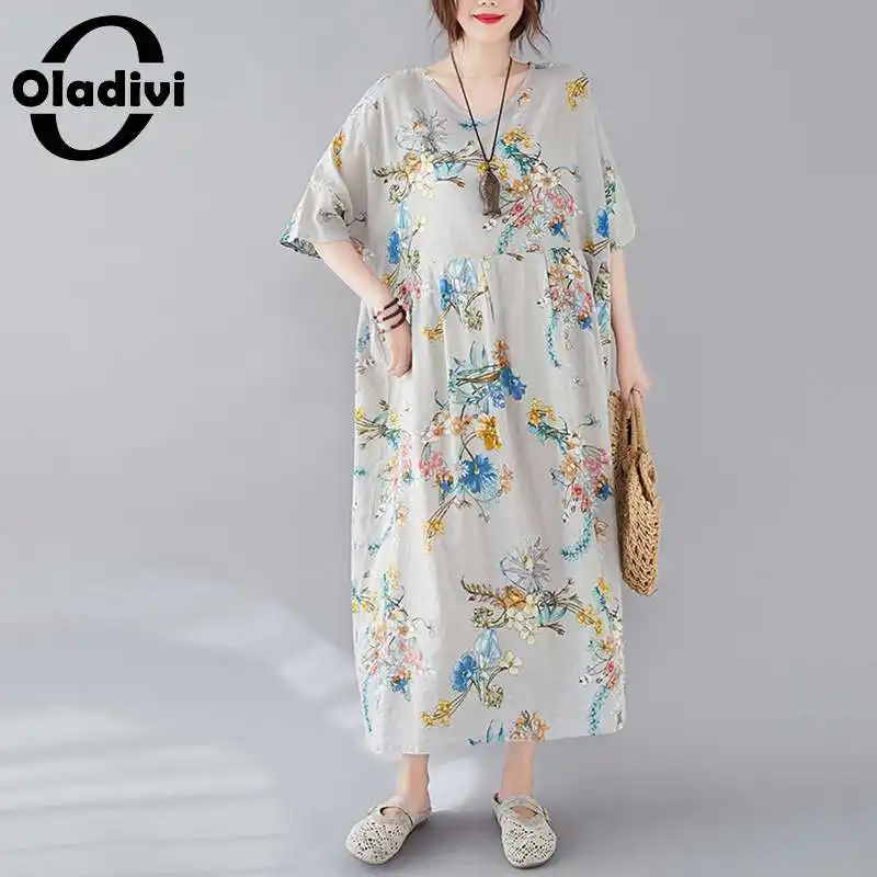 

Oladivi модное хлопковое льняное длинное платье с принтом для женщин 35 45 55 лет женская одежда большого размера повседневные свободные летние п...