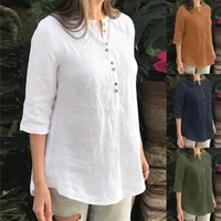 2022 summer fashion womens cotton linen solid color button pleated high and low hem three quarter sleeve casual shirt lady tops