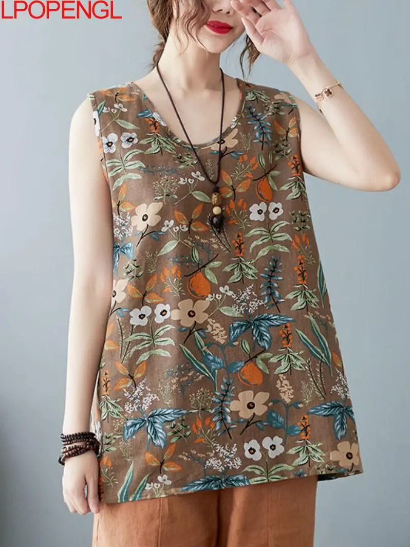 

Women Vintage Print Floral Tank Tops O-neck High Quality Female Clothes 2022 Summer New Chinese Style Women Cotton Linen Tank