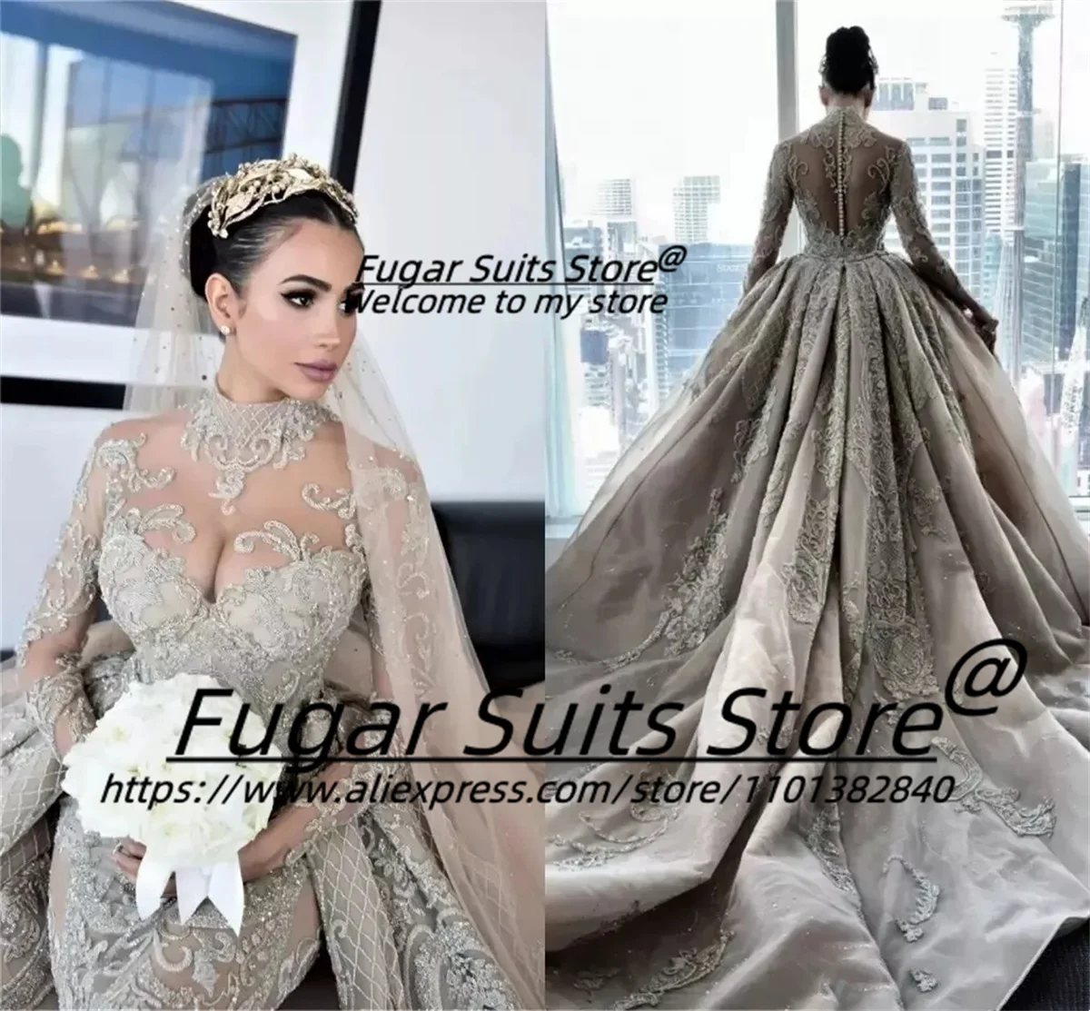 Женское свадебное платье с юбкой годе элегантное блестящее длинным рукавом и