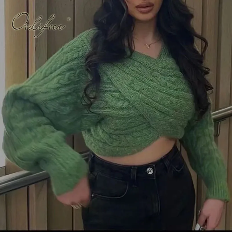 Женский укороченный свитер Ordifree зеленый вязаный пуловер джемпер с перекрестными