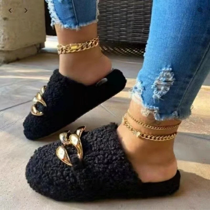 

Chain lambswool flats moccasins femme slip on plush winter ladies shoes curly furry loafers women creepers zapatos plus size 43