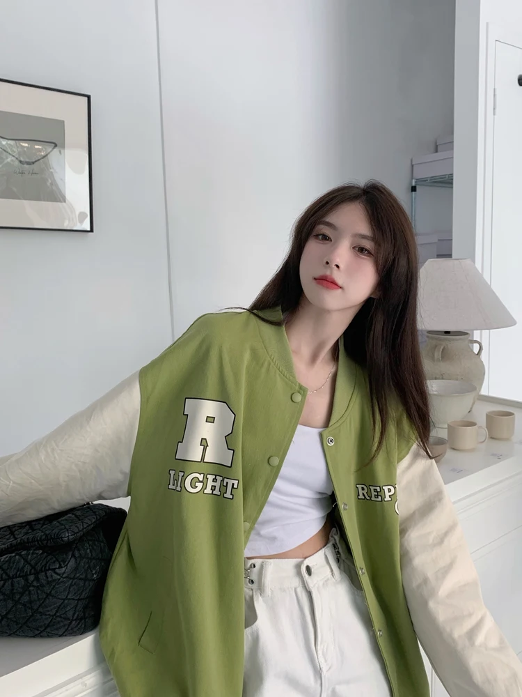 

GY1183 Colorblock lettered baseball jacket 2022 autumn winter new American retro bf loose casual thin coat cardigan