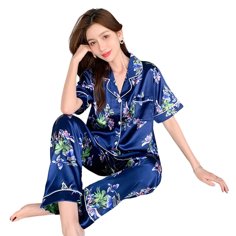 Print Flower 3XL-8XL Oversized Silk Set Woman 2 Pieces Sleepwear Casual Short Sleeve Top and Pants Pijamas Stain Pyjama Femme