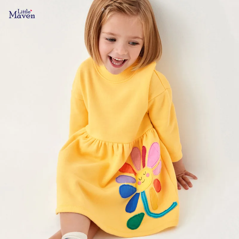 Little maven-vestido de algodón con flores amarillas para niñas, ropa informal de manga larga, para otoño, 2-7 años