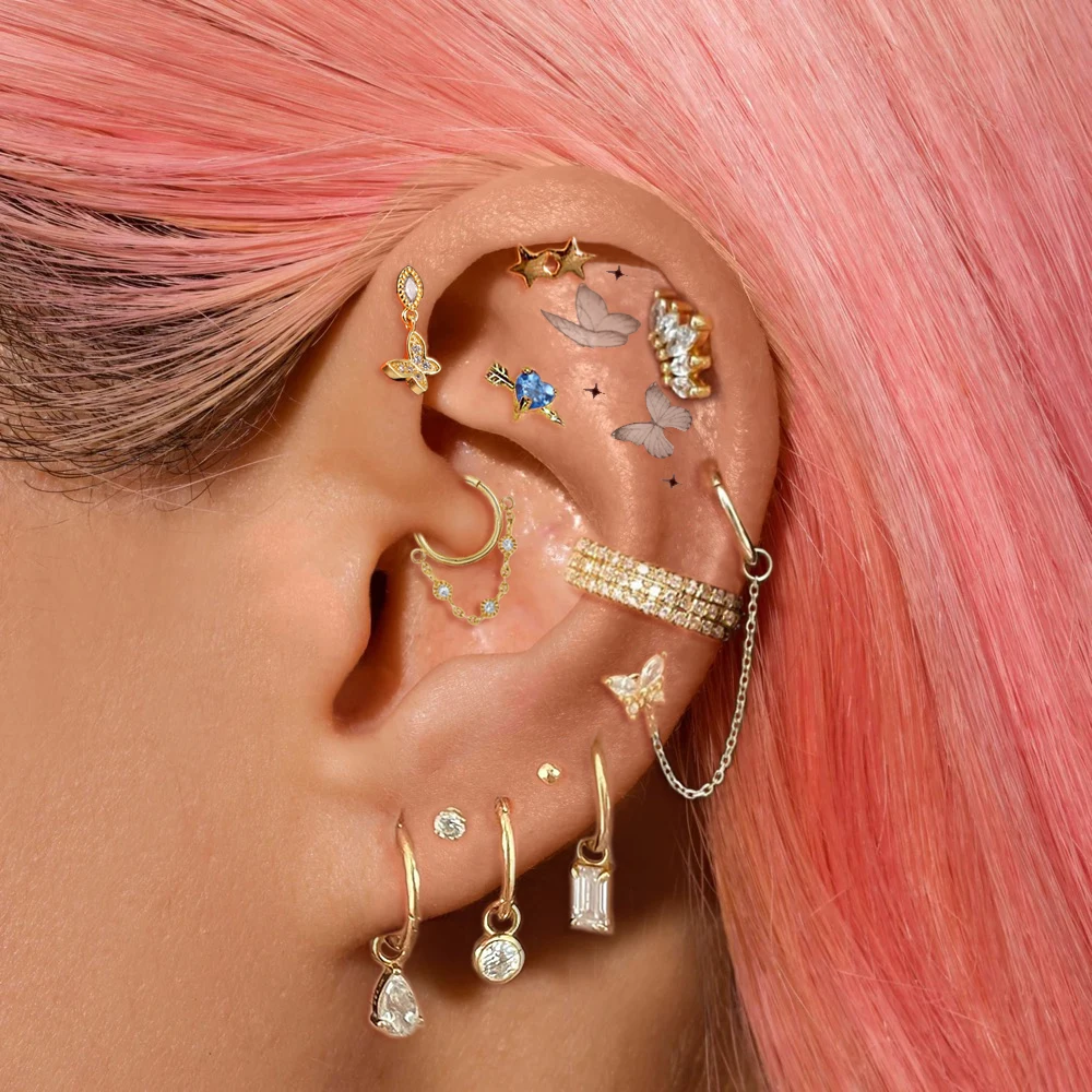 1pc пронзительные сережки для женщин водопад Zircon Butterfly Star Gold Color Lobe Ear Jewelry Gifts CC