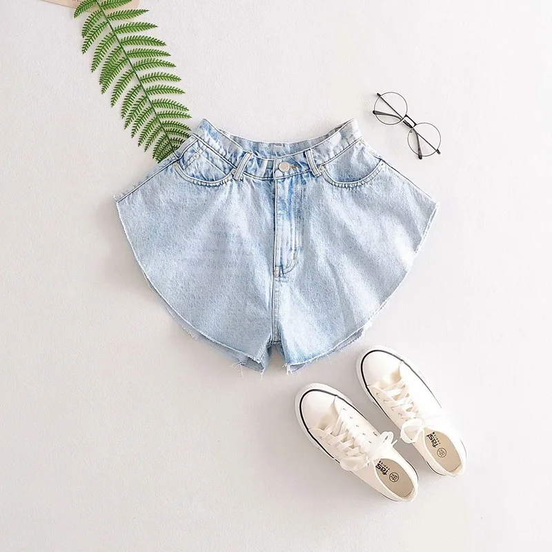 Casual Blue Denim Shorts Skirts High Waist Ruffle Hem All-Match Loose Ruched Shorts 2021 Summer Tide Female New Fashion Clothing