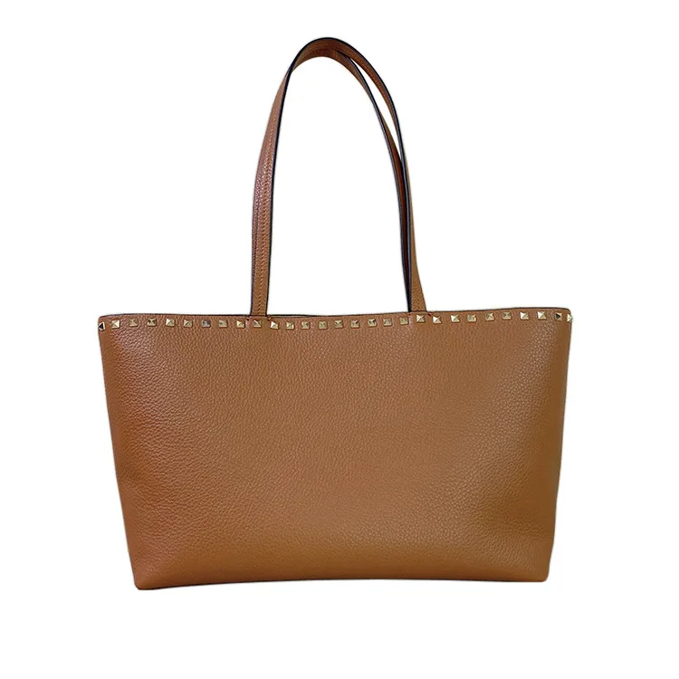 

2022 novelty women genuine leather rivet tote handbag for lady first layer of cowhide black blue brown large big shoulder bag